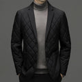 Men's black lapel-style down jacket with side seam pockets on a solid colour background.