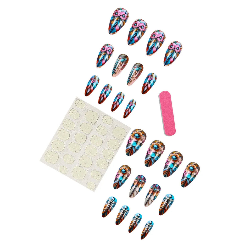 Colourful feather armour nail art designs with retro cartoon floral butterfly and heart patterns