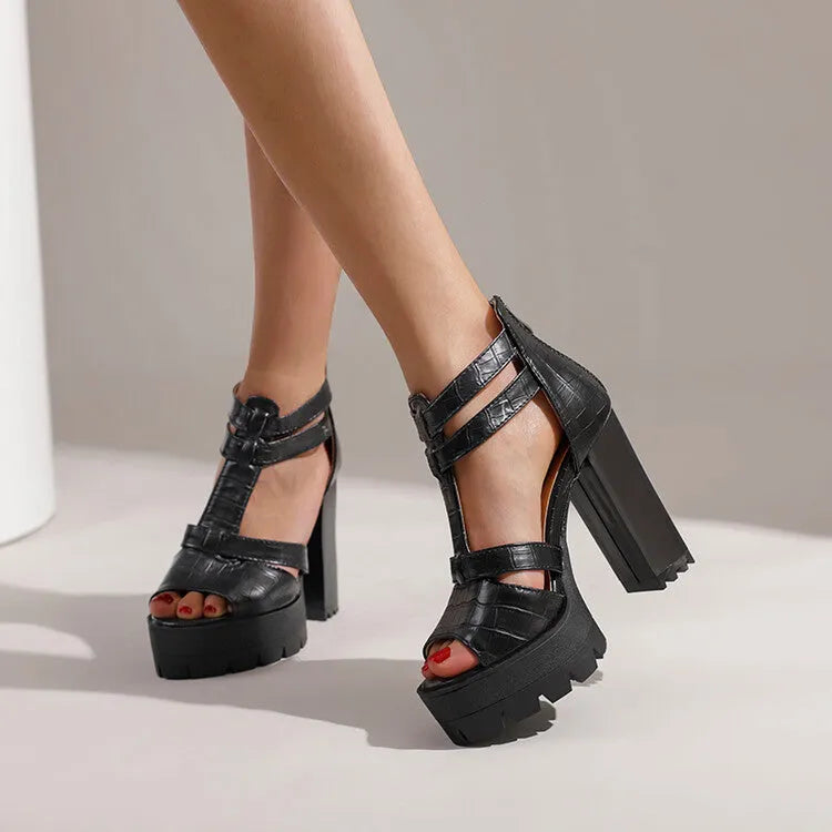 Casual platform high heel sandals with back zipper in black, wine red, or yellow colours.