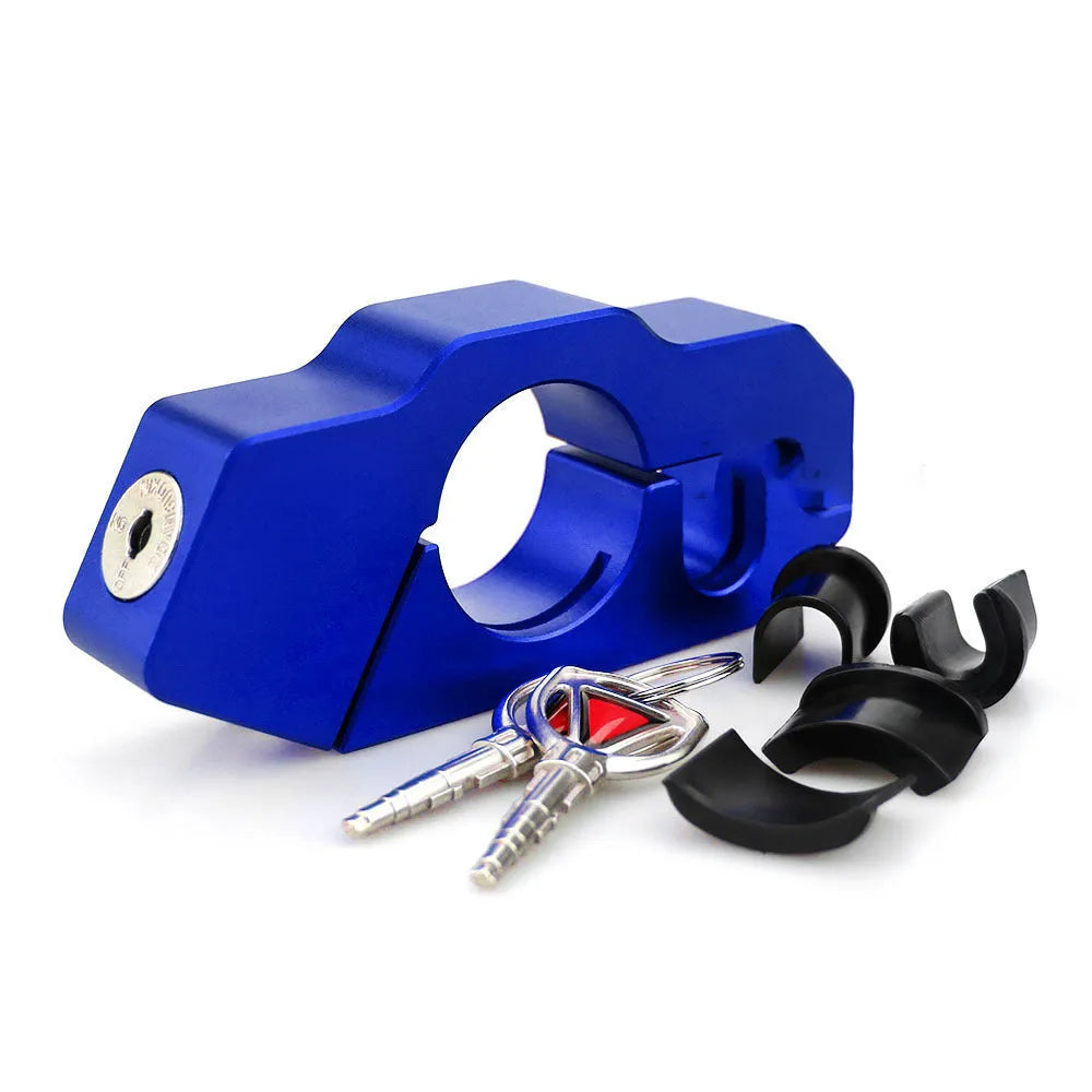 Universal motorcycle handlebar lock in black, CNC aluminium alloy, fits 22-28mm handlebars, with two keys