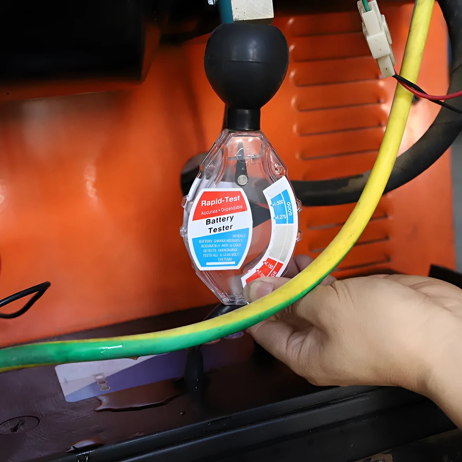 ABS plastic electrolyte hydrometer for testing lead-acid battery fluid specific gravity.