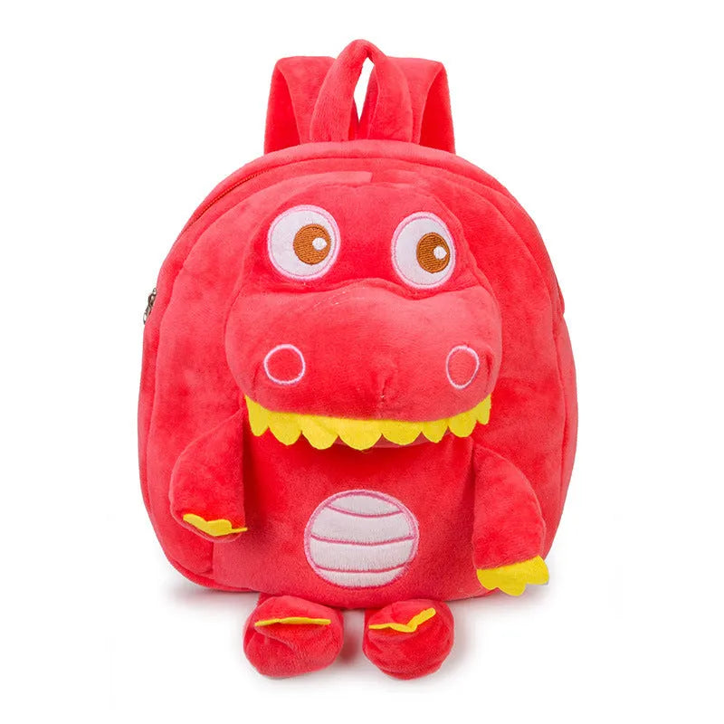 Dinosaur plush backpack for children in blue with embroidered design and soft handle