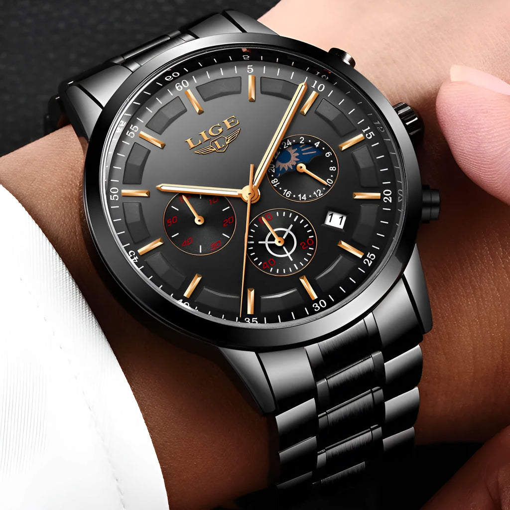 Men's waterproof moon phase quartz watch with stainless steel case in black, blue or rose gold colour options