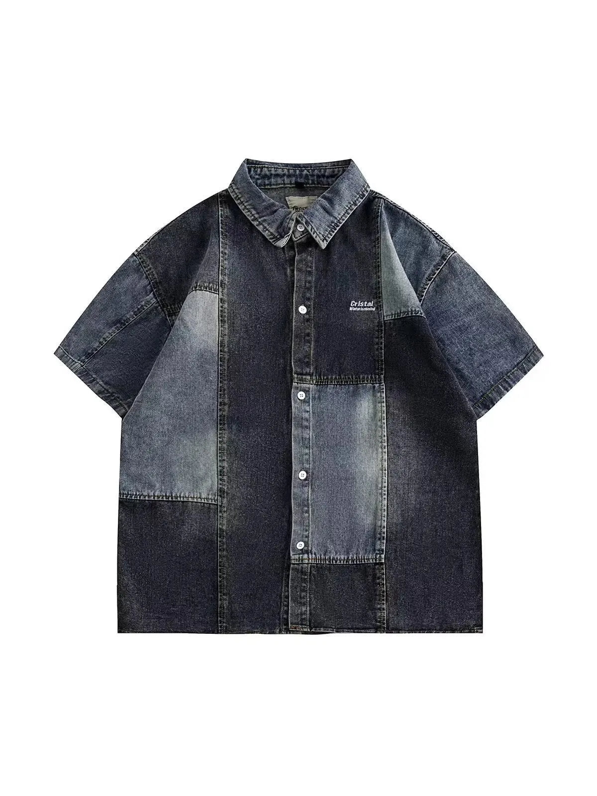 Blue men's Japanese-style denim shirt with retro washed stitching and loose cardigan fit