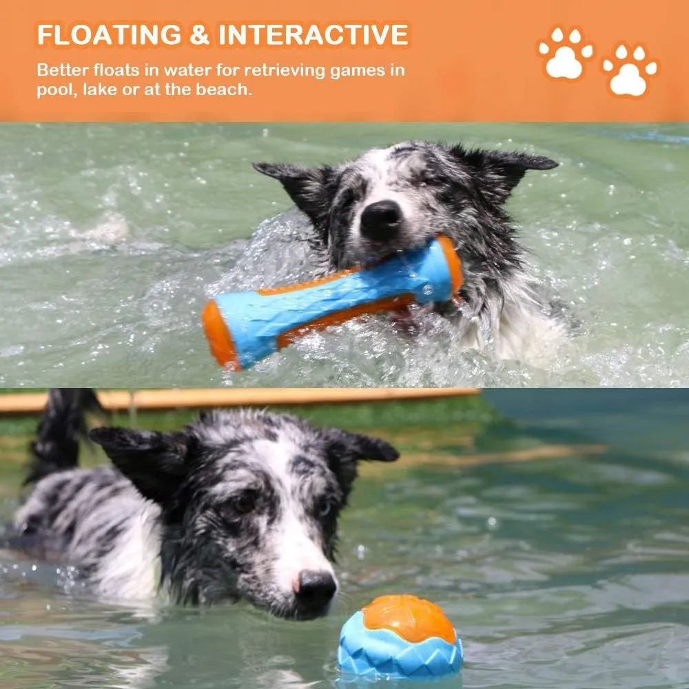 Set of three TPR dog toys: a floating ball, barbell and tyres with bumpy textures for squeaky fetch play.