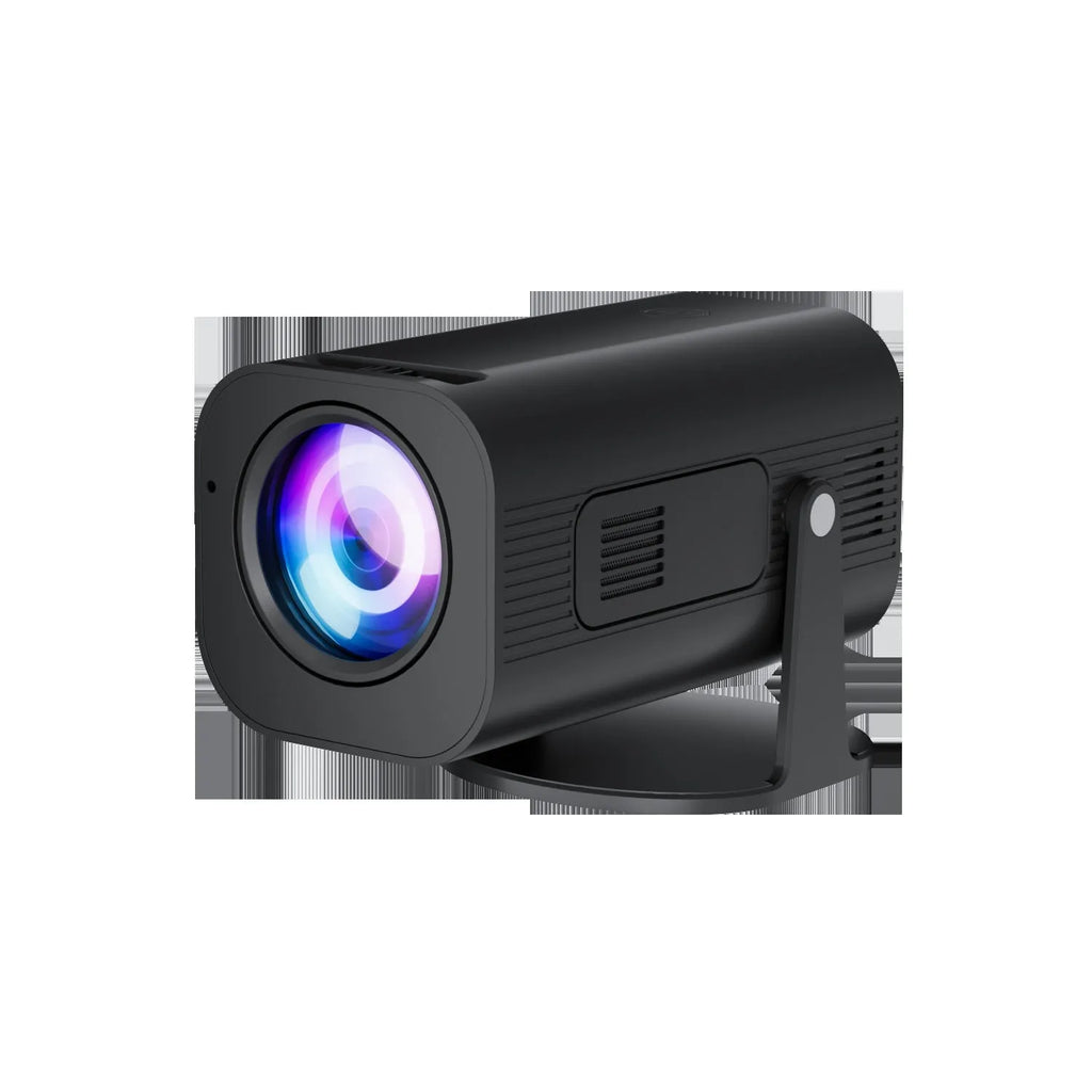 P330 black and white mini projector with remote control on table