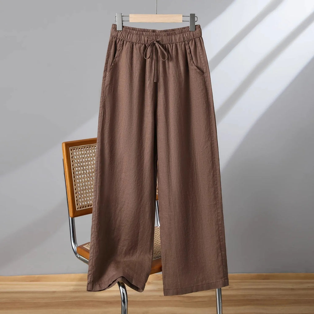 Women's straight-leg casual trousers with elastic waist and drawstring in polyester fabric