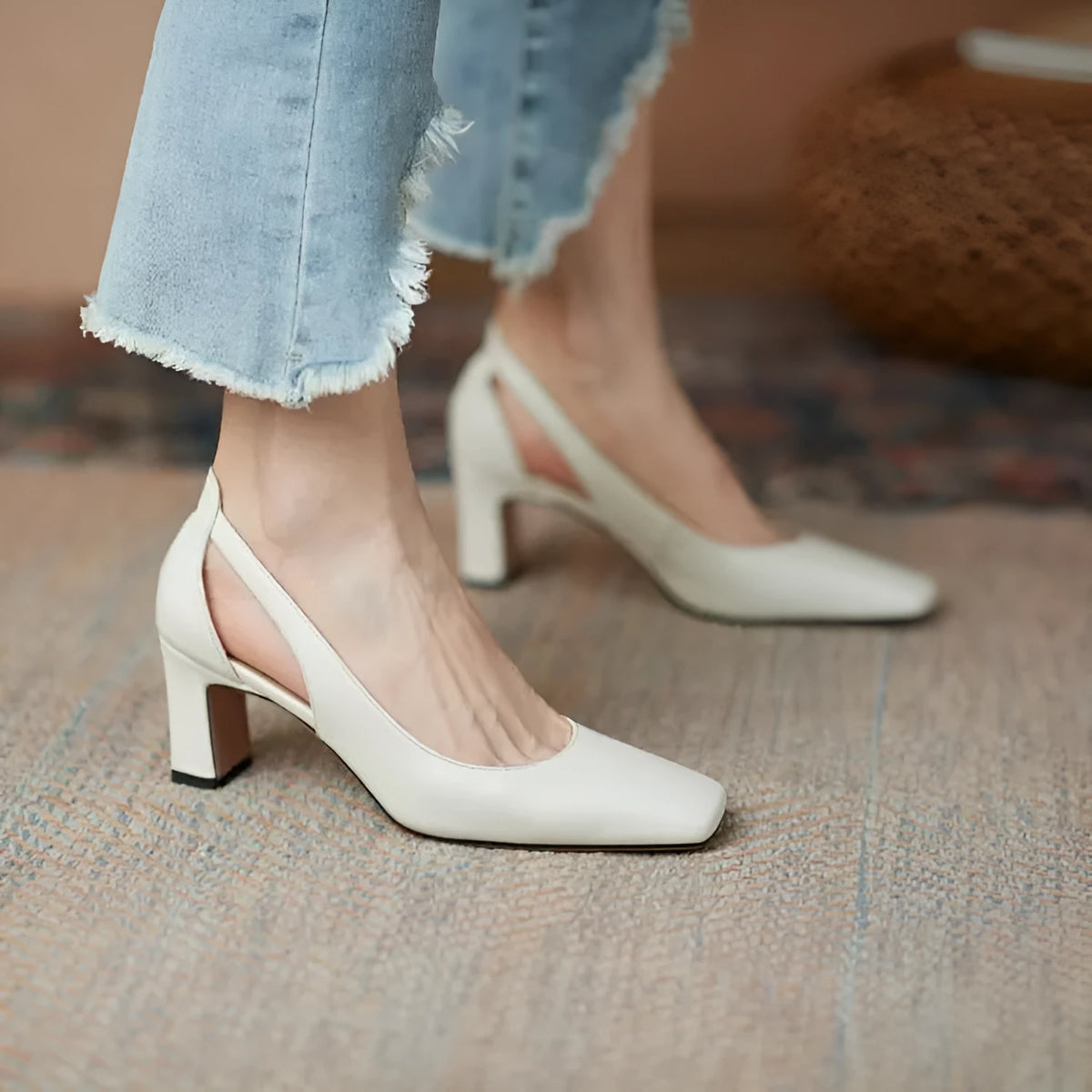 Women's high heels with 6.5cm thick rice heel, first layer cow leather upper, cow tendon sole, black or off white, sizes 34-39