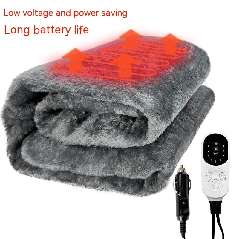 Grey 12V car electric blanket with intelligent temperature control shown with car cigarette lighter plug
