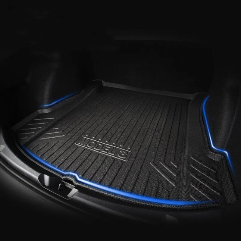 Custom fit rubber and TPE floor mats for Tesla Model 3 Model Y Model S Model X 2023 showing trunk and footwell coverage