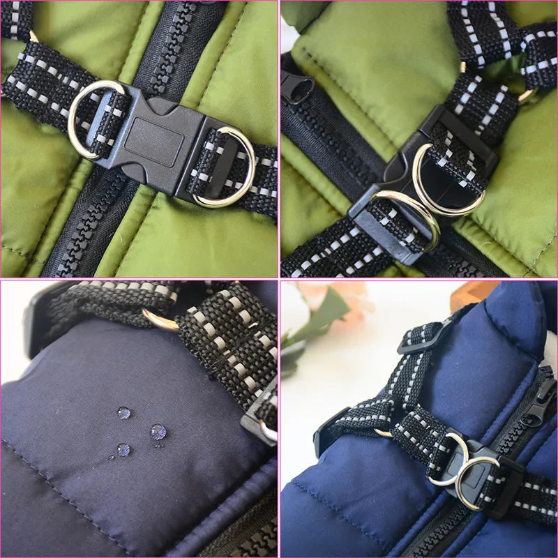 Waterproof dog coat in red with harness opening, sized for Labrador breed during winter walk.
