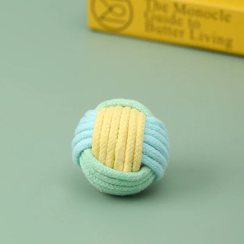 Handmade plush cotton cat hair ball toy in blue powder, green blue, or pink green colours for teeth grinding and boredom relief