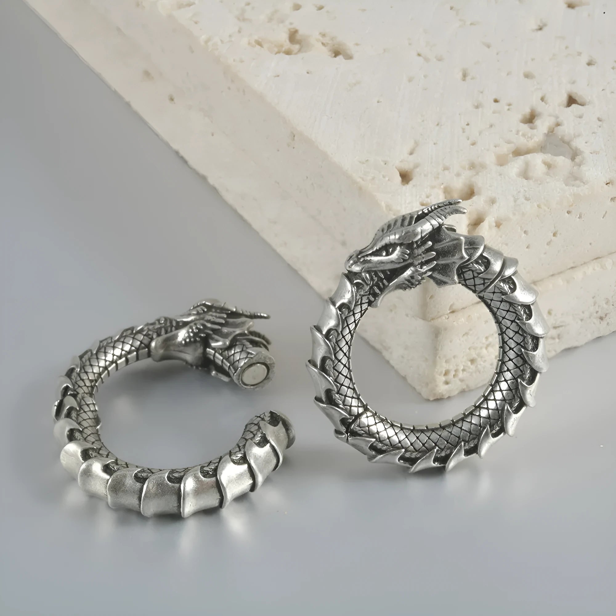 Large antique silver dragon shape hollow-out alloy earrings with geometric design