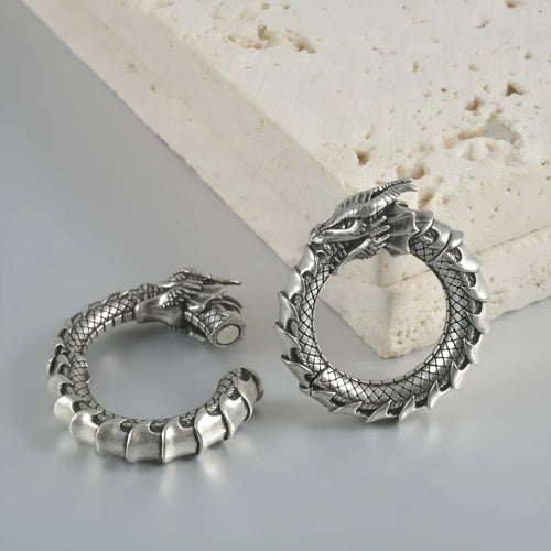 Large antique silver dragon shape hollow-out alloy earrings with geometric design
