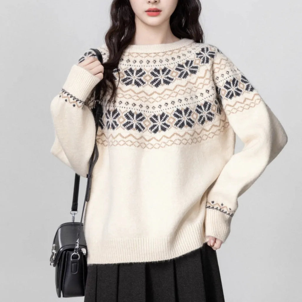 Women's Milky White geometric pattern pullover sweater with long sleeves and crew neck.