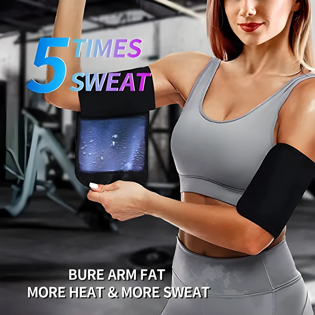Blue and silver sports arm band sweatband with binding band, shown in various size options.