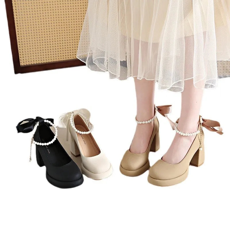 Women's beige Mary Jane shoes with chunky heel, pearl decoration, and ankle-strap buckle