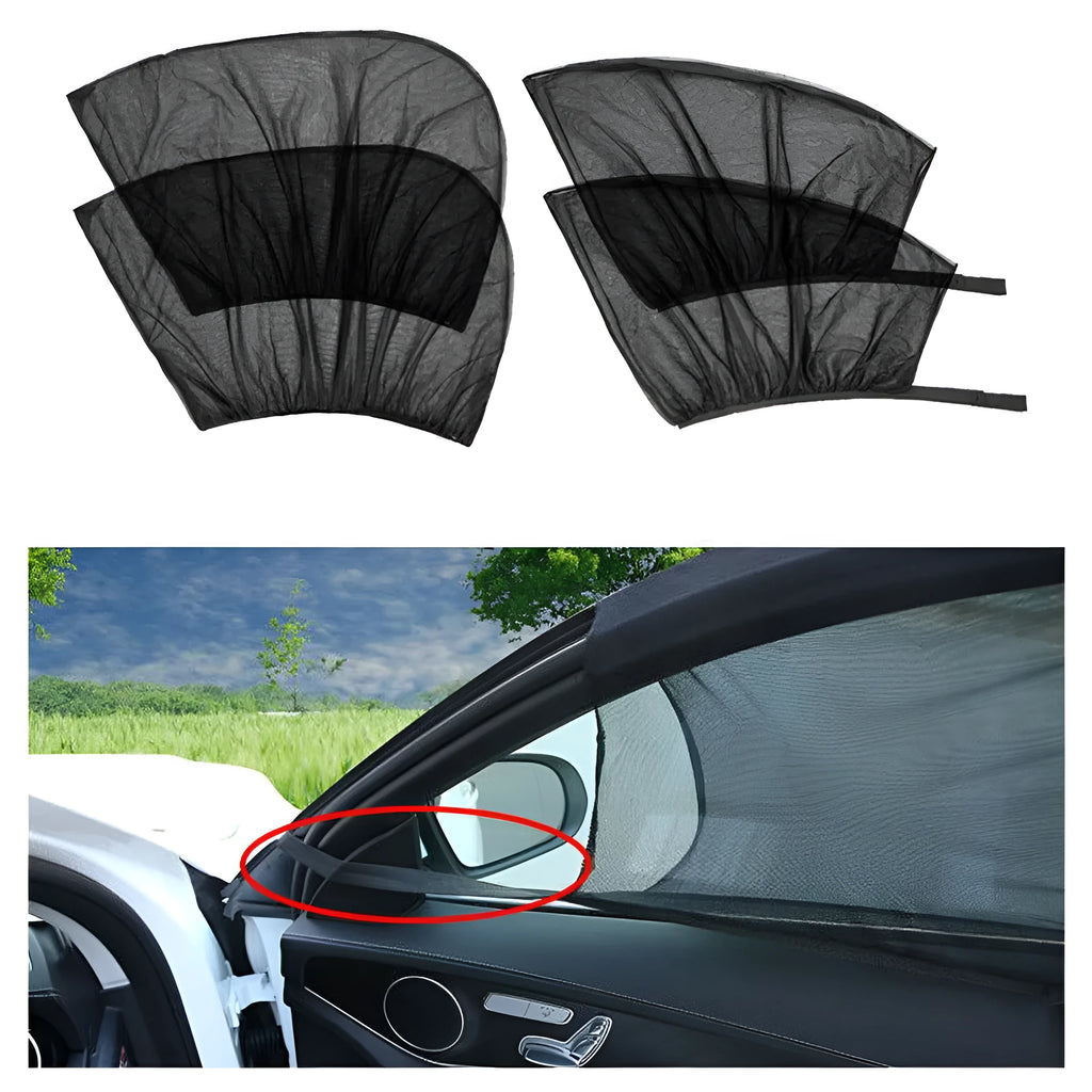 4-piece car side window sunshade set showing non-woven mesh material and elastic strip installation