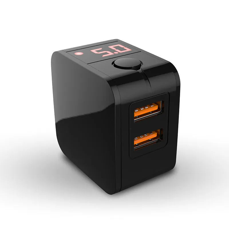 Black 5V 2.4A dual USB fast travel charger with digital voltage display showing 5.0V