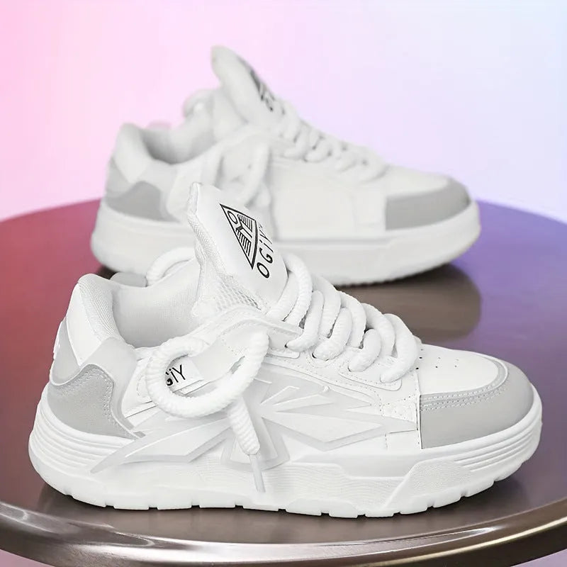 Men's white clunky sneakers with thick rubber sole and round toe lace-up design