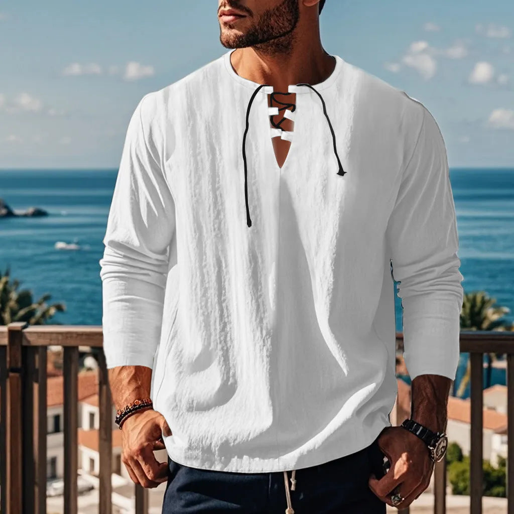 Cotton linen beach ruff shirt in solid colour with loose pullover design