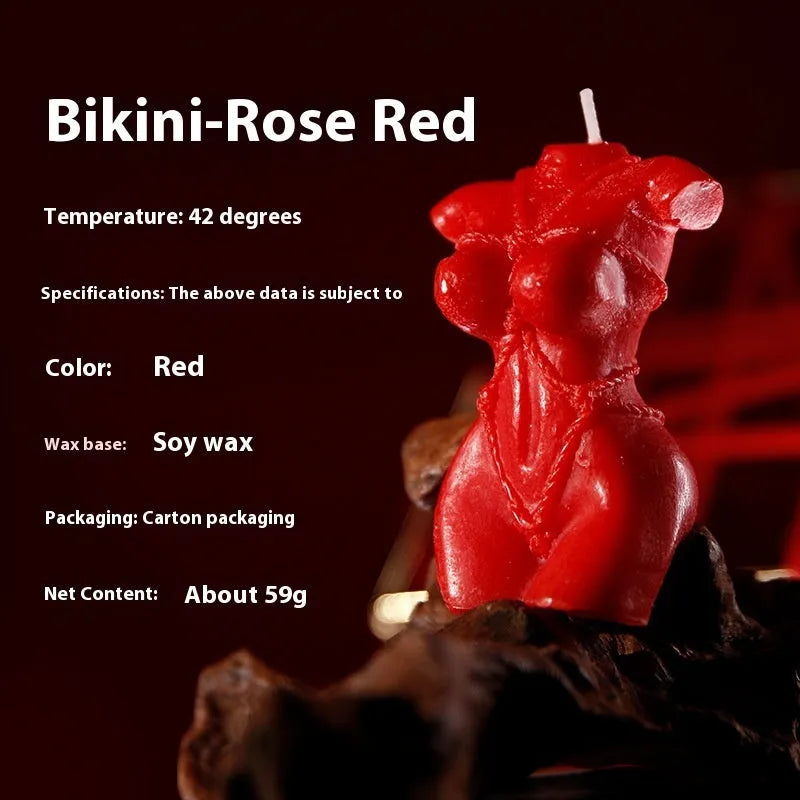 Low temperature soy wax candle shaped like a bikini, shown in rose red, pink, and purple colours.