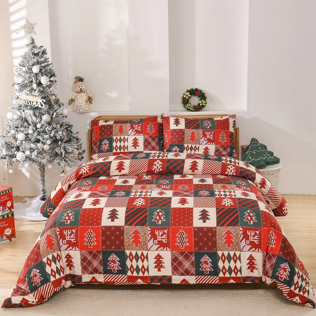Christmas red plaid pattern bedding three-piece set showing bed cover-style European design