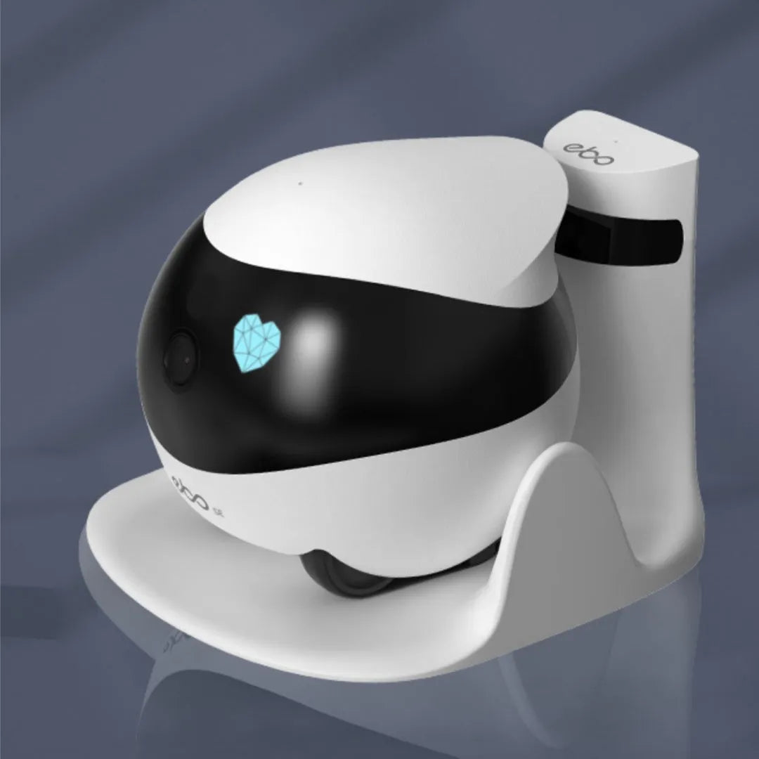 Smart home mobile surveillance robot camera on floor with charging dock