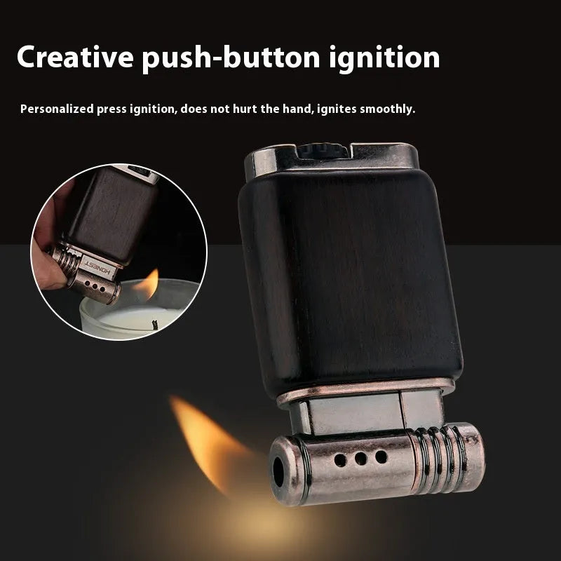 Ebony gas lighter showing four wooden design variations: Black Wood, Rosewood Sun Surface, Rosewood Good Luck and Red Wood Tube