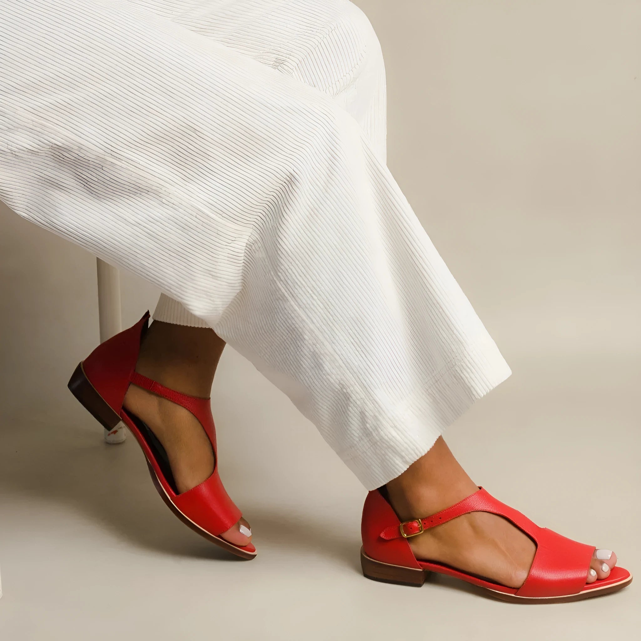 Red plus size women's square buckle sandals with herringbone toe holder on artificial PU upper