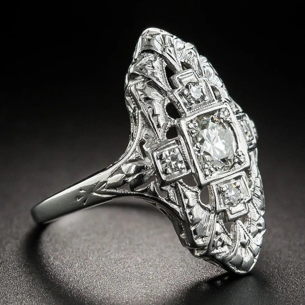 Hollow out geometric copper ring with electroplated silver finish and diamond studs