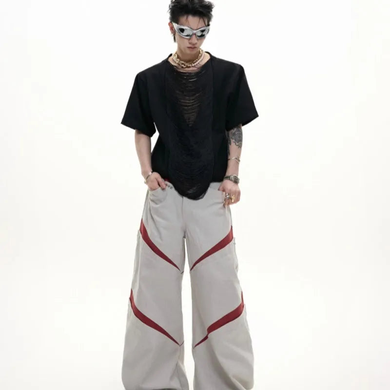 Men's drum black V-neck loose fit t-shirt with short sleeves and tassel detail