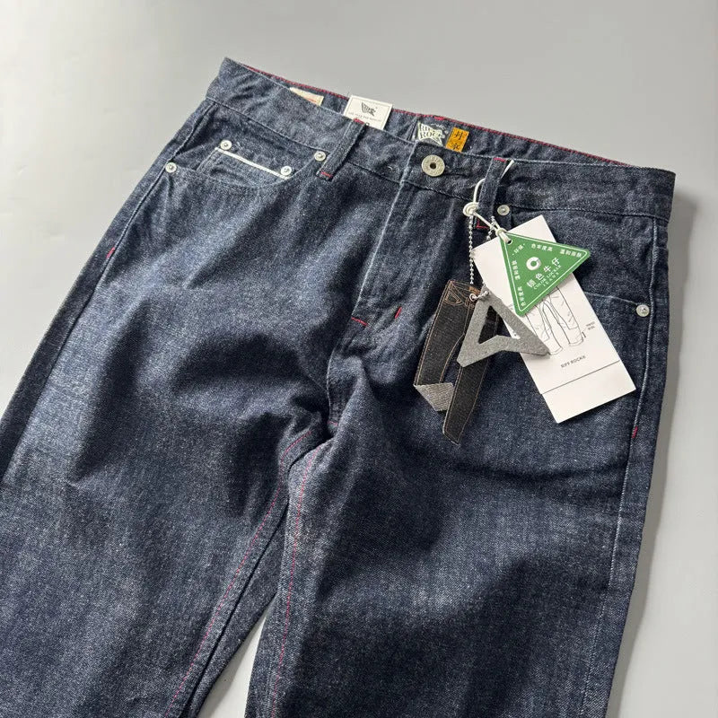 Men's straight leg American retro style jeans in primary colour denim fabric