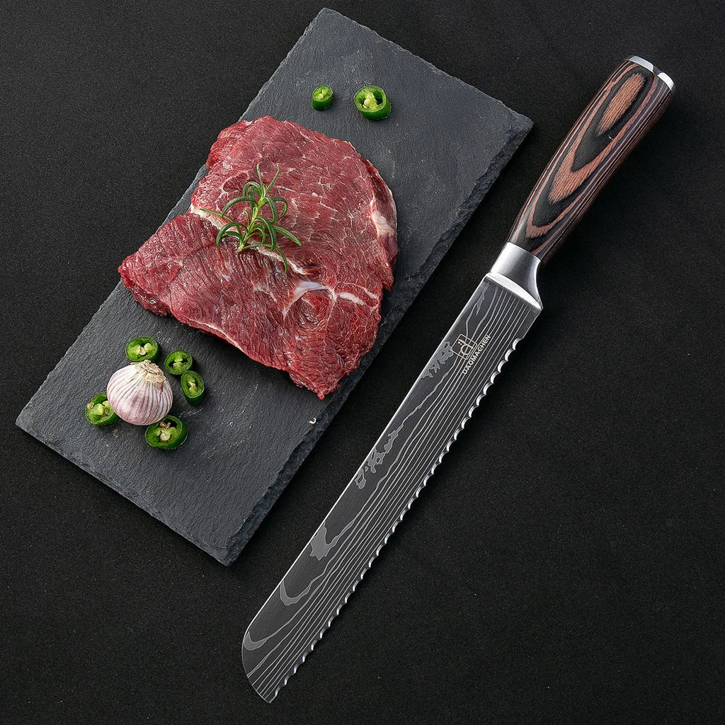 7CR17 Damascus steel chef knife with colour steel handle, 18cm blade