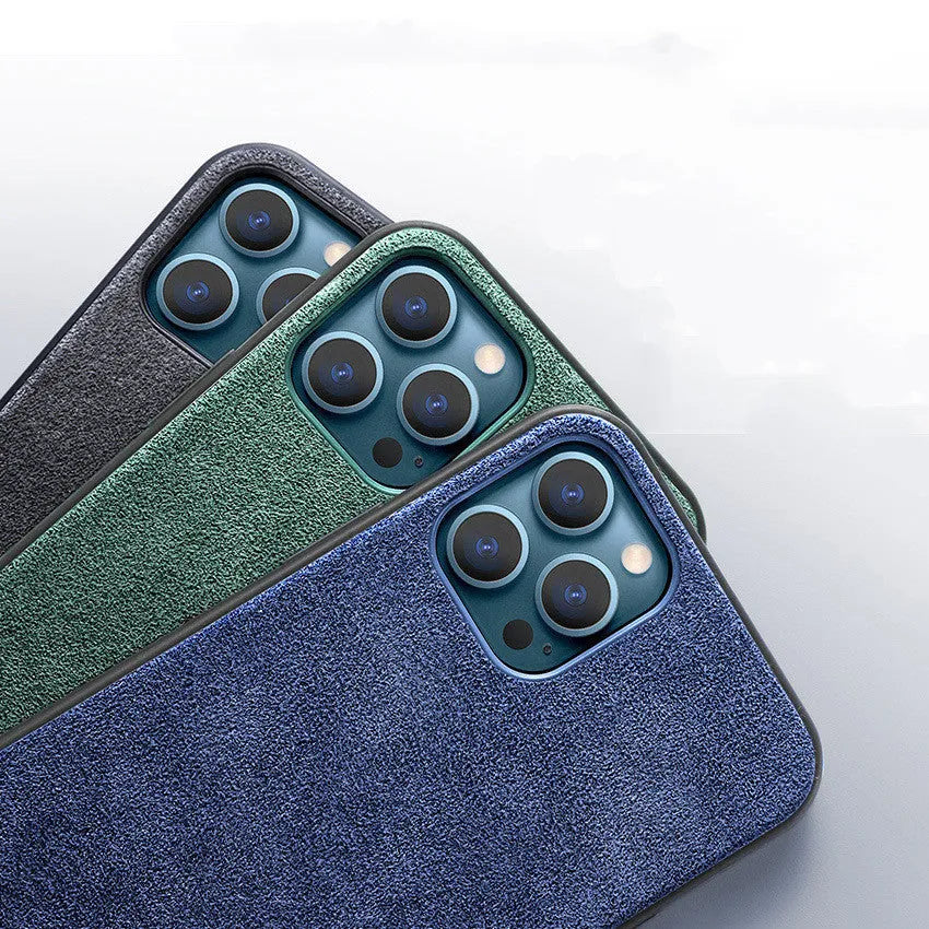 Luxury suede full-cover phone case for iPhone on a dark background, shown in elegant black colour.