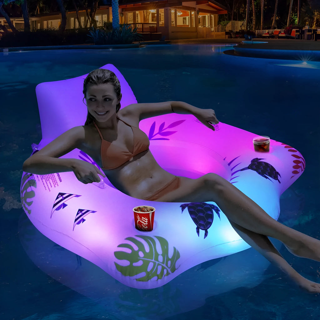 White luminous U-shaped inflatable pool float showing adult seating design on water