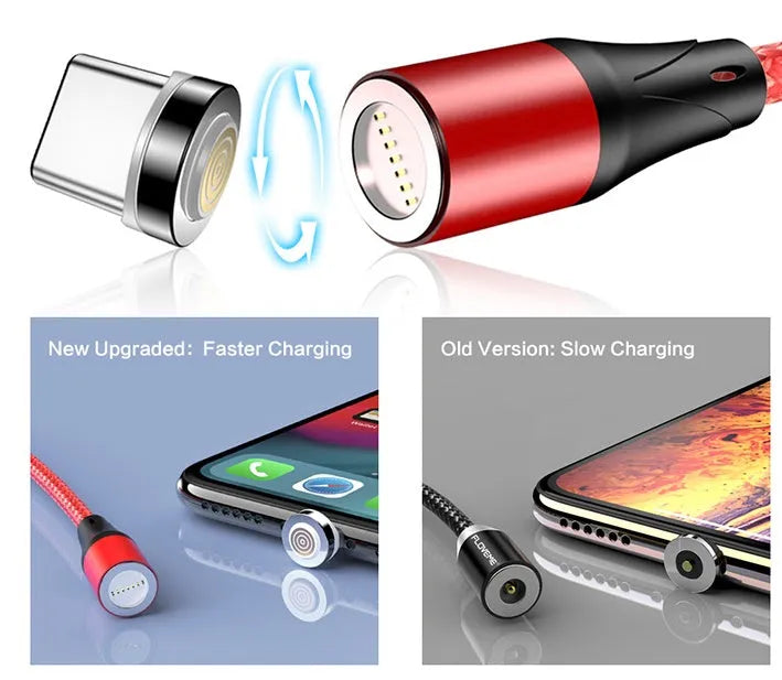 Black magnetic fast-charge data cable with glowing side lights next to a smartphone.