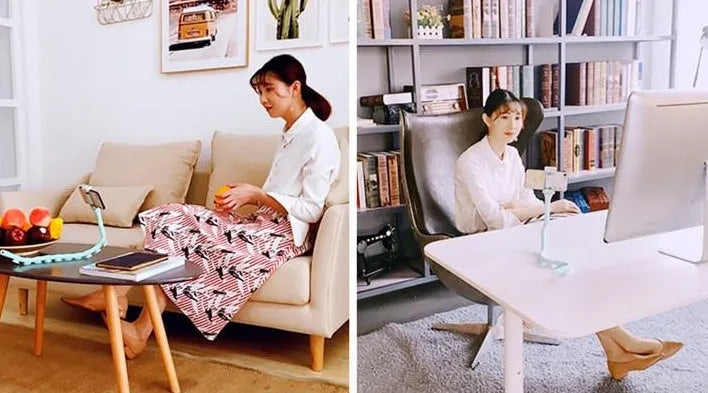 Flexible lazy bracket phone holder with extended 62cm arm showing 360° rotation capability