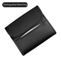 Leather car tissue holder box with elastic strap for mounting on seat back.