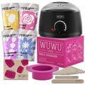 27 piece waxing kit with a wax machine, four coloured wax bead jars, and packs of wax sticks.