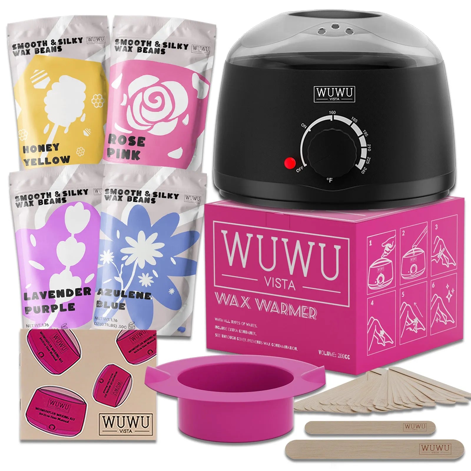 27 piece waxing kit with a wax machine, four coloured wax bead jars, and packs of wax sticks.