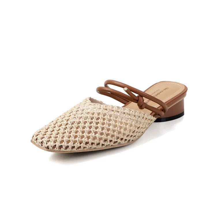 Women's French style square toe outdoor slippers with hollow-out breathable design and chunky heel