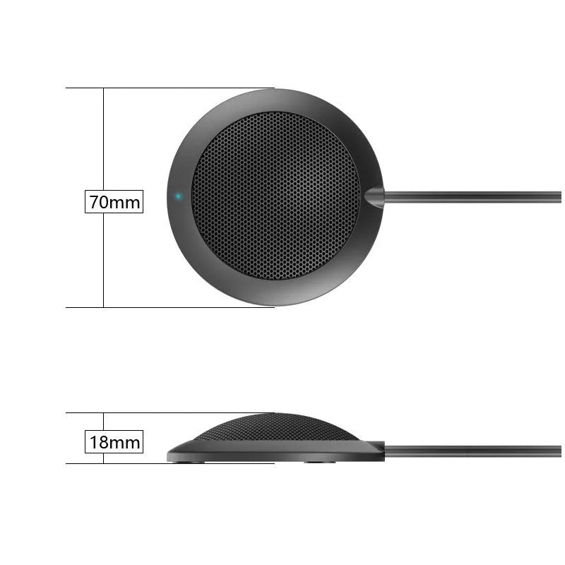 Black USB desktop microphone with metal mesh cover and 70mm diameter