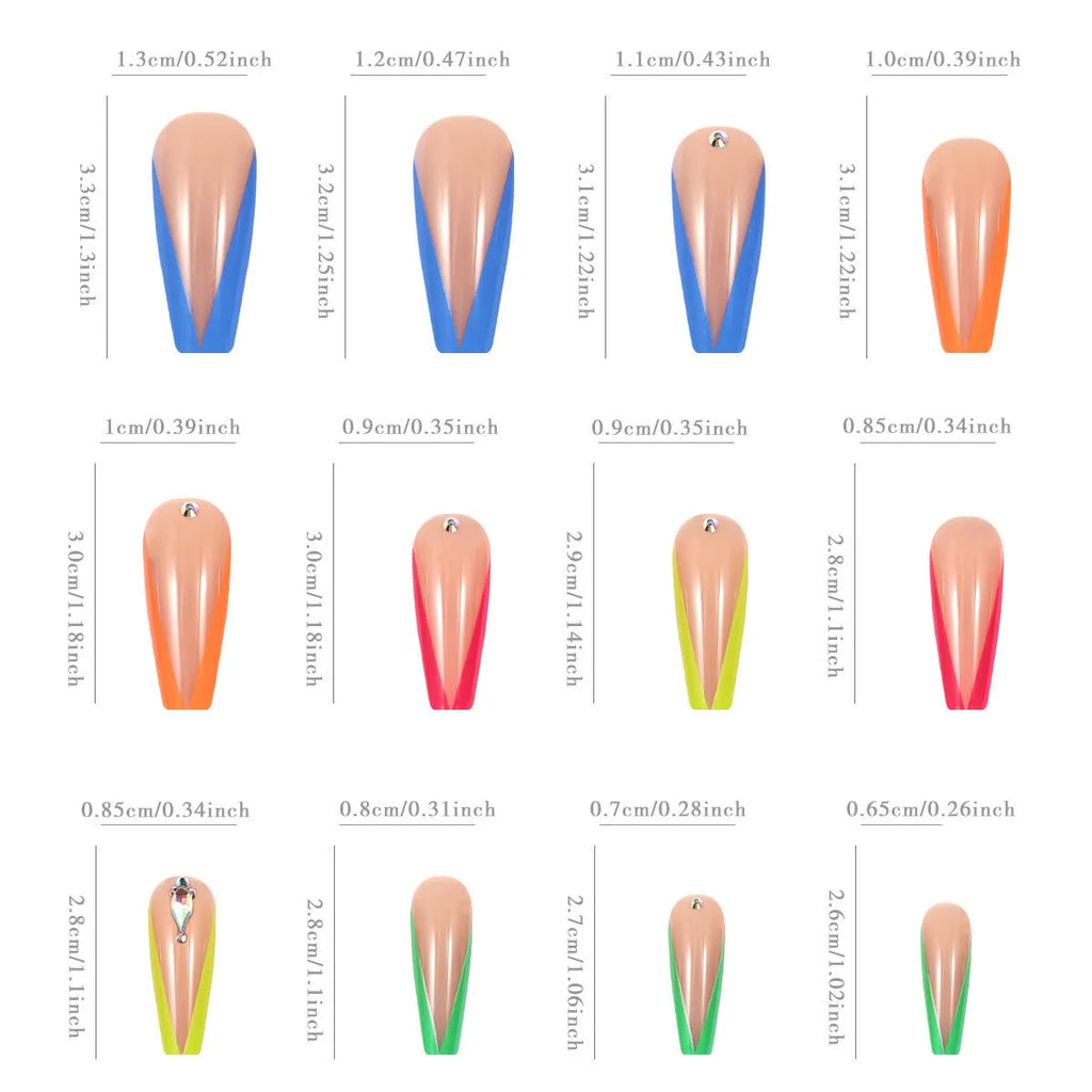 Diamond colour French style artificial nail tips with red cartoon love heart and cross designs.