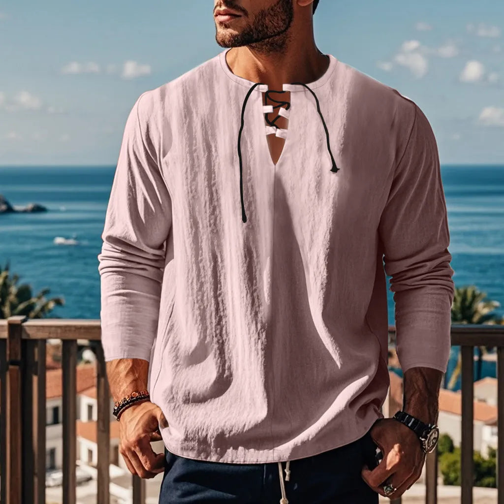 Cotton linen beach ruff shirt in solid colour with loose pullover design