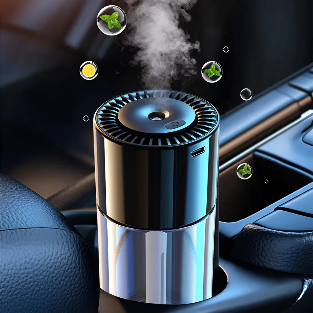 Glass intelligent spray perfume humidifier with USB cable and scent bottle on a desk