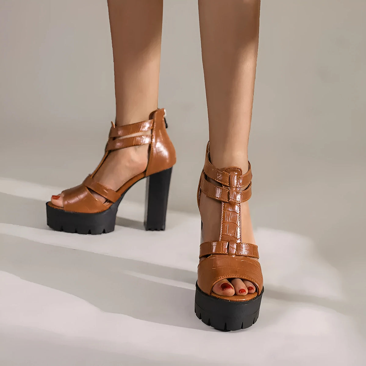 Casual platform high heel sandals with back zipper in black, wine red, or yellow colours.
