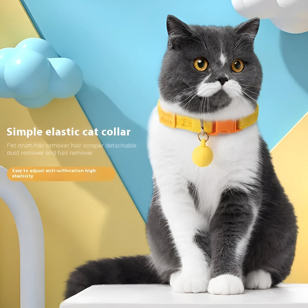 Small dog elastic pet collar in polyester material showing adjustable length of 22-32cm in seven colour options