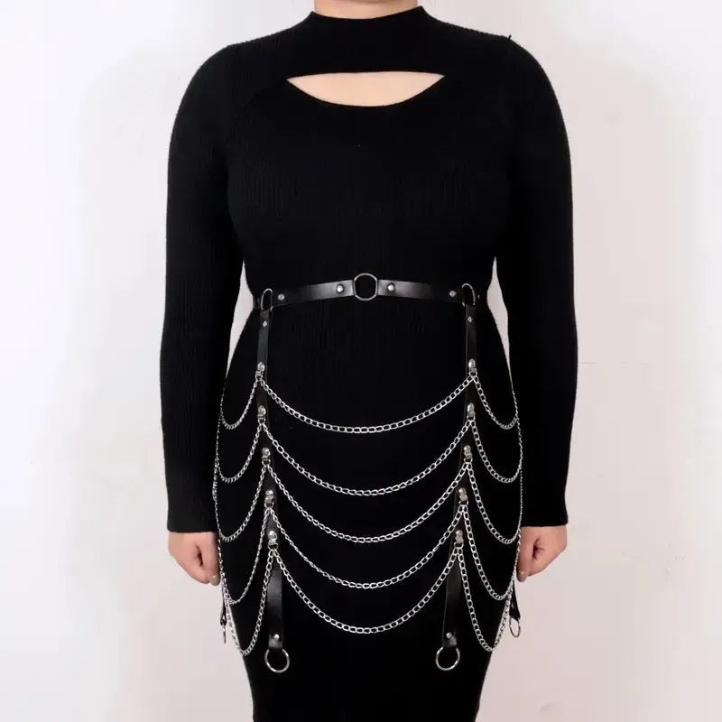 Black PU leather waist chain with bandage-style binding design for female fashion ornament