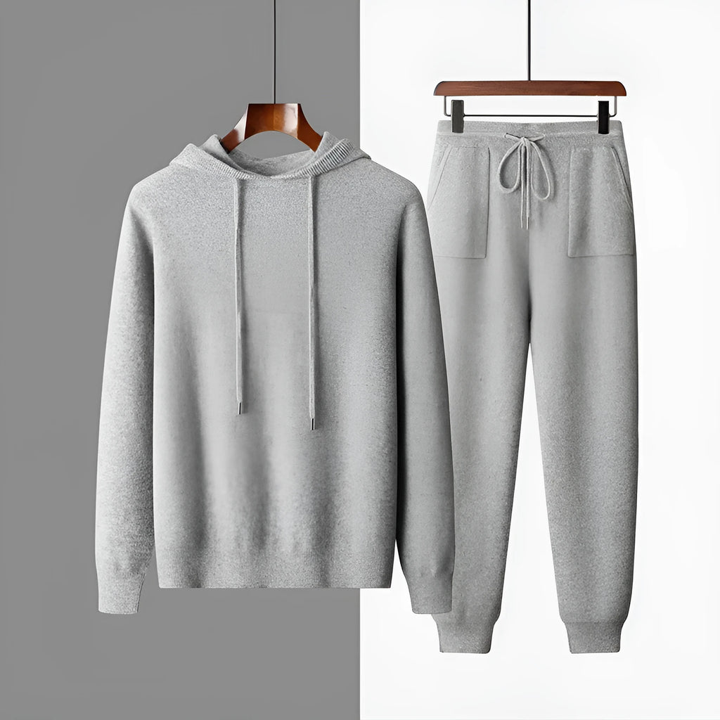 Men's light gray cashmere hooded sweatshirt and matching trousers casual winter set